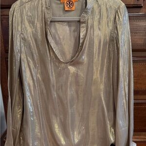 Tory Burch Shimmering Gold V-Neck Long-Sleeve Blouse